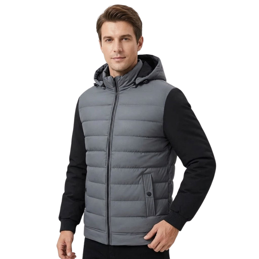 Vattert herre hettejakke i grå og svart. Komfortabel urban stil, perfekt for menn i høst/vinter. Glidelås.