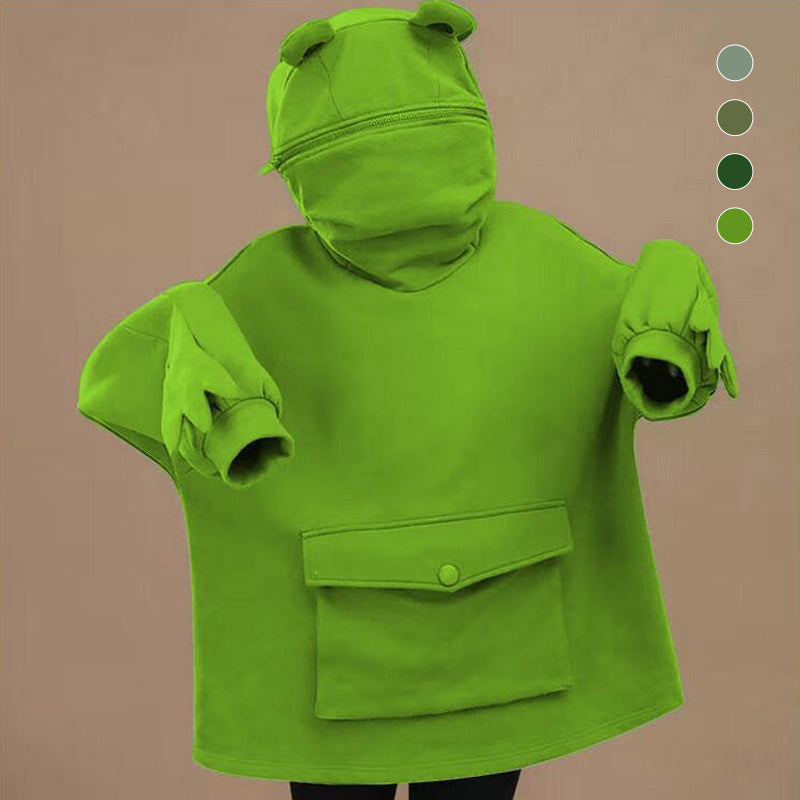 Grønn unisex froskehettegenser i myk polyester for lekfull og komfortabel streetwear.