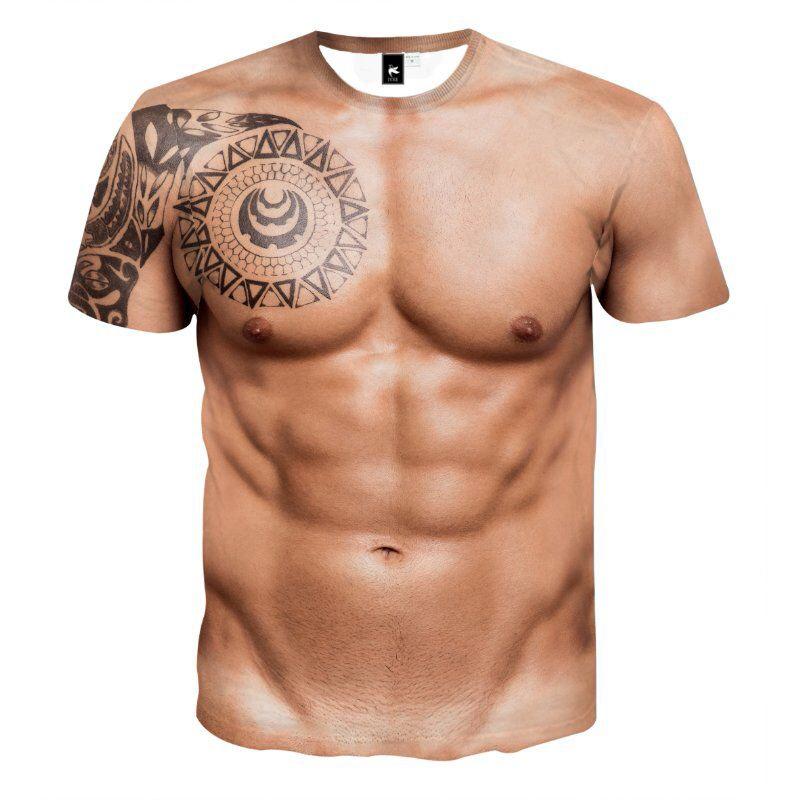 Stilig herre t-skjorte med 3D-printede falske muskler og tatoveringer. Perfekt for fest og moro.