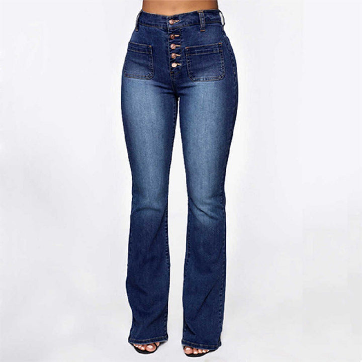 Blå denim flarejeans for kvinner, med høy midje som fremhever figuren.