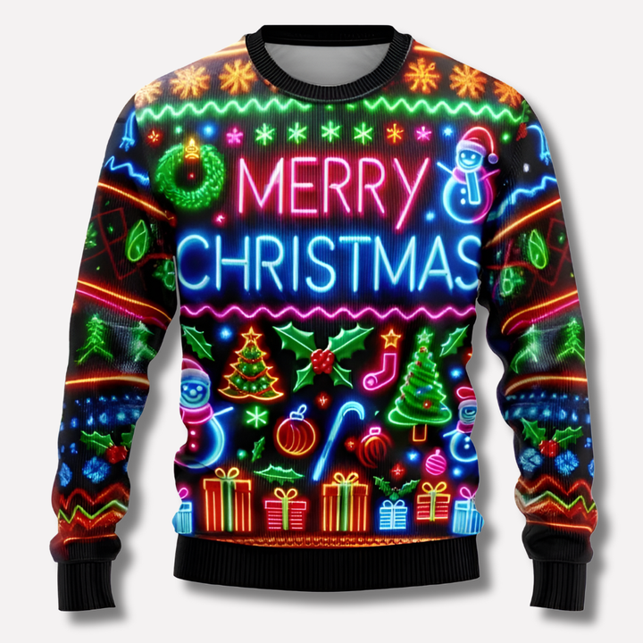 Unisex julegenser med moderne neon reinsdyr- og snøfnuggdesign, perfekt festgenser i myk strikk.
