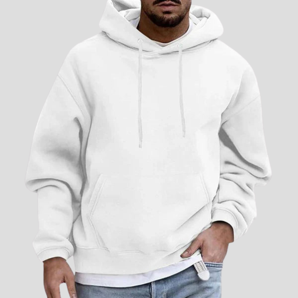 Detaljbilde av menns hettegenser. Viser de smarte lommene, ideell for oppbevaring og casual stil.