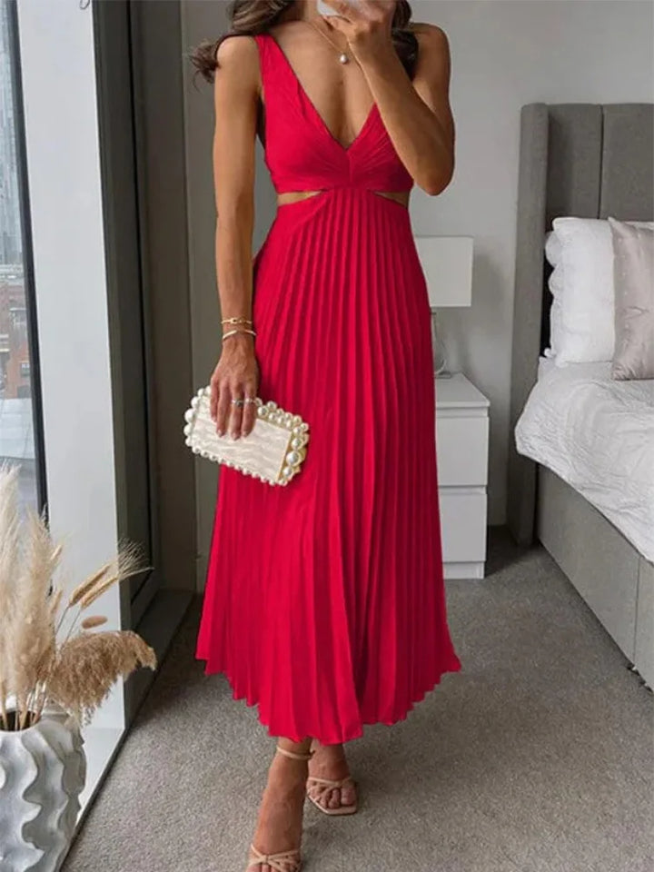 Stilig polyester midi kjole med V-hals og åpen rygg, ideell som festkjole eller kveldsantrekk.