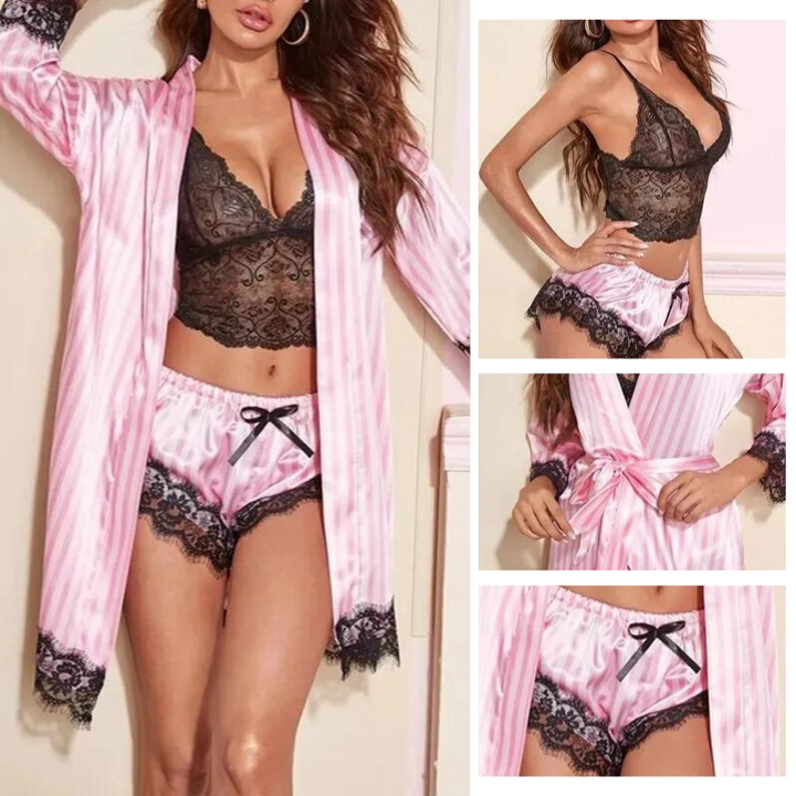 Rosa 4-i-1 nattøysett for kvinner, med pyjamas, shorts, topp og morgenkåpe. Komfortabelt og elegant.