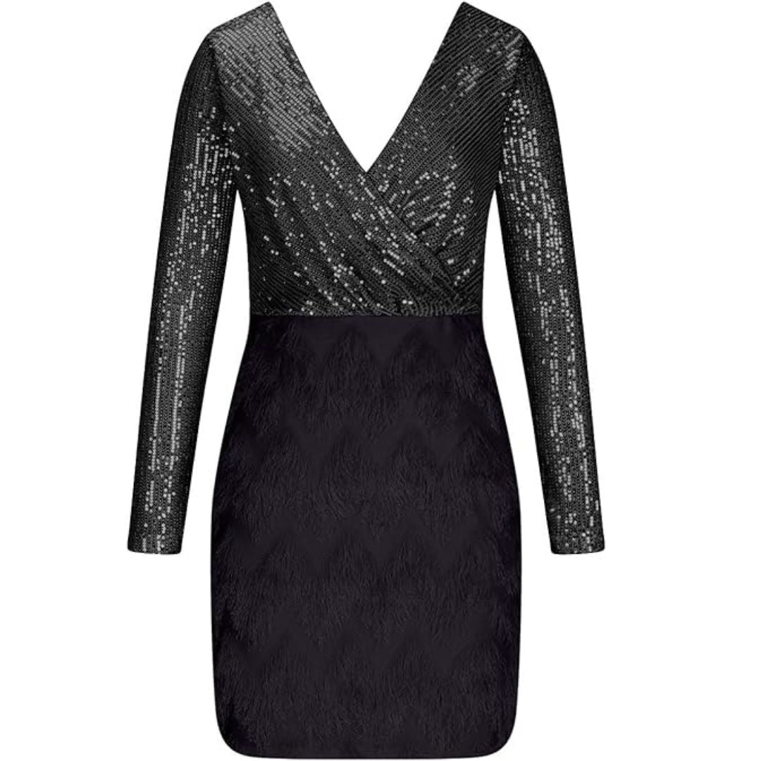 Lang paljettkjole med dyp V-hals, elegante fjær og glitter, ideell for formelle gallaer.
