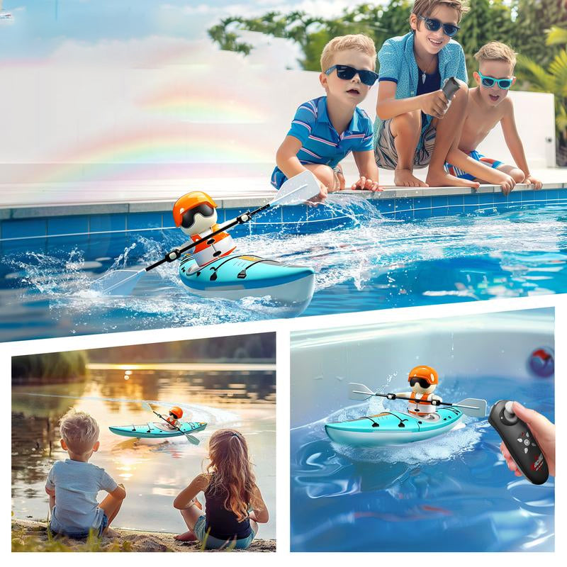 Havblå RC lekebåt med oransje detaljer, klar for spennende vannsport.