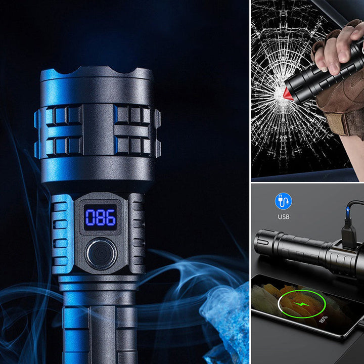Oppladbar taktisk lommelykt med 2400 lumen tilkoblet for lading. Klar for neste utendørs eventyr.