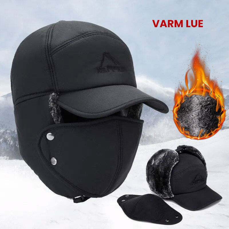 Varm, vindtett unisex vinterlue med full ansikts- og ørebeskyttelse, ideell for utendørsaktiviteter.