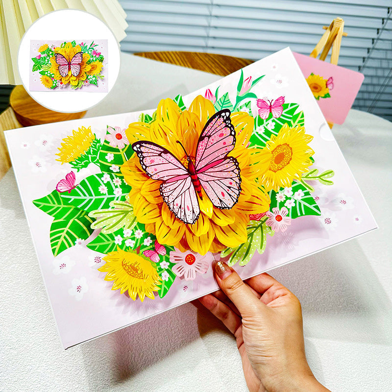 3D-håndlaget blomsterkort. Unikt hilsenkort, perfekt gratulasjonskort for bursdag eller jul.