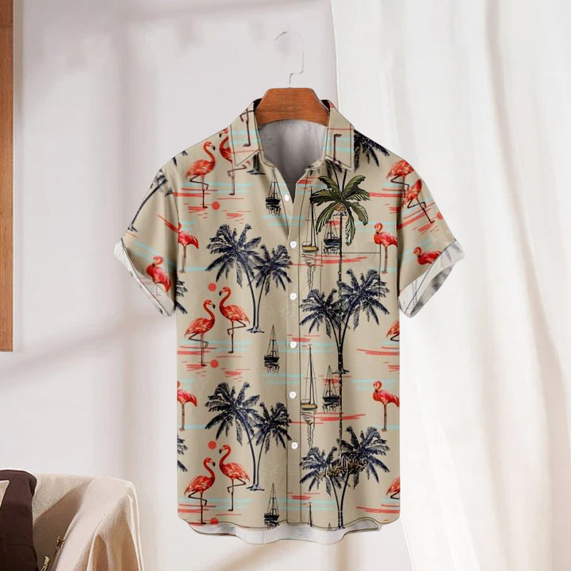 Menns kortermet skjorte med tropisk flamingotrykk, perfekt casual sommer- og ferieklær i polyester.
