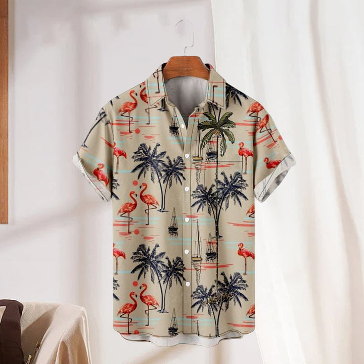Menns kortermet skjorte med tropisk flamingotrykk, perfekt casual sommer- og ferieklær i polyester.