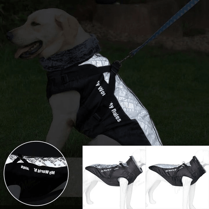 Sikker og varm vinterjakke til hund med refleksdetaljer. Ideell for store hunder i mørket.