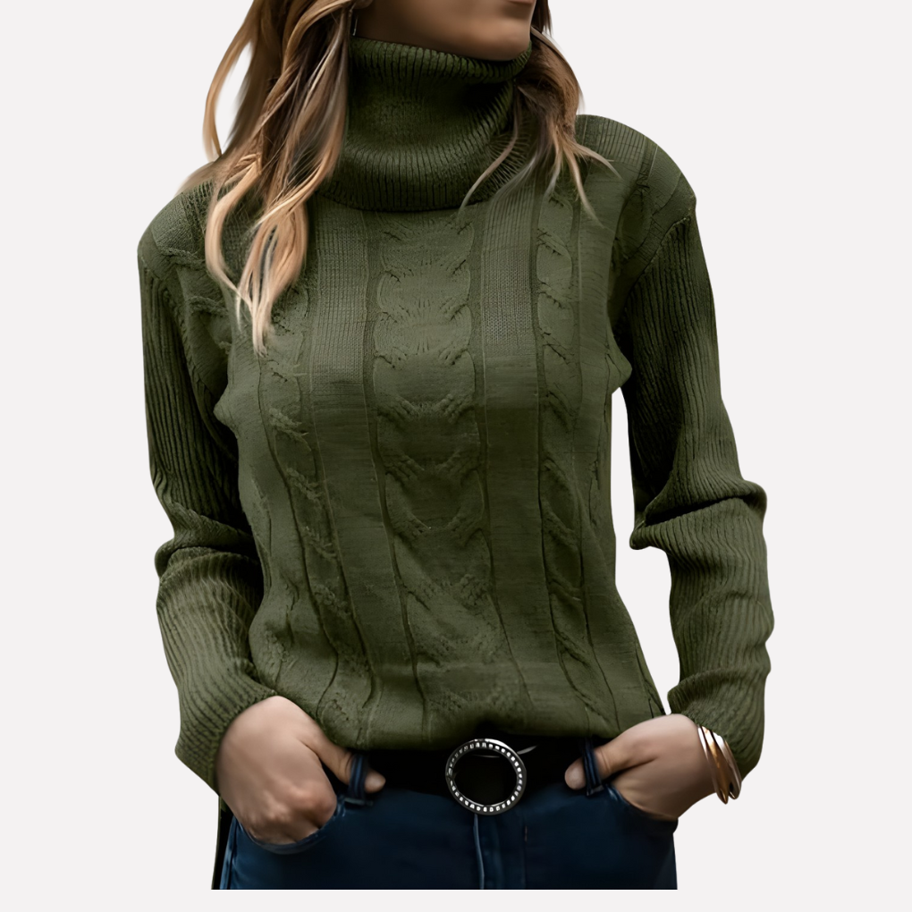 Marineblå strikkegenser med høy hals, myk og behagelig. Klassisk kvinners pullover.