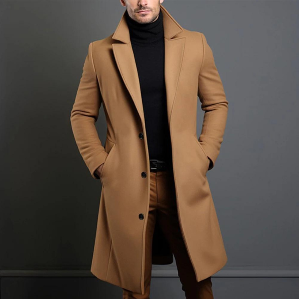 Klassisk herre ullfrakk i ullblanding for elegant stil og varme på kjølige dager. Perfekt yttertøy for menn.