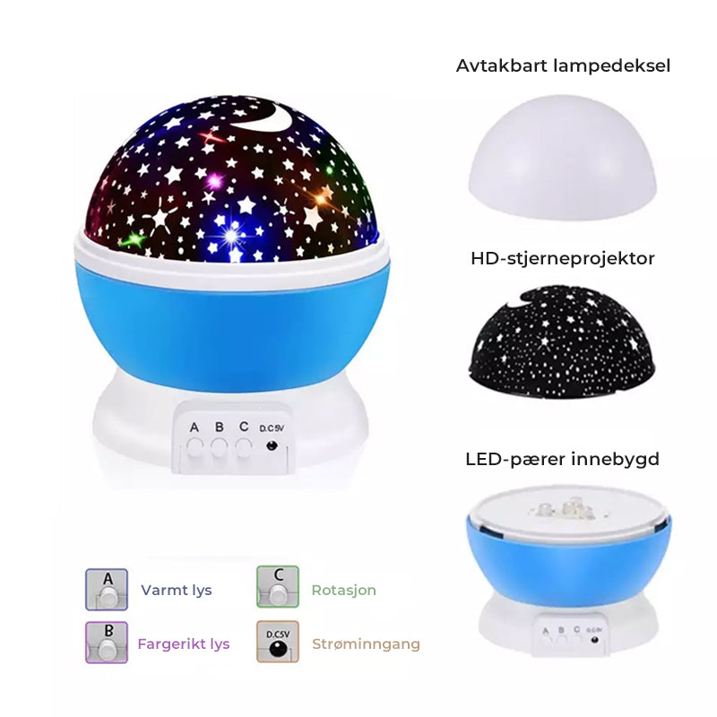 Moderne Galakse Stjernelys Projektor som projiserer LED-stjerner og tåke på vegg og tak.