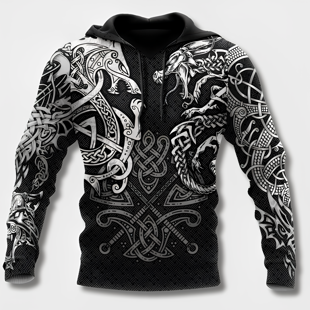 Stilfull herre hettegenser med autentisk vikingmønster. Unik nordisk design for en tøff look.