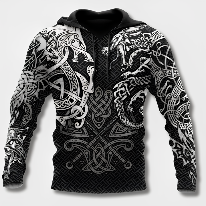 Stilfull herre hettegenser med autentisk vikingmønster. Unik nordisk design for en tøff look.