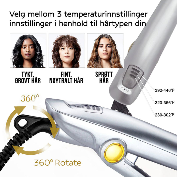 2-i-1 hårstylingverktøy i et baderom. Essensielt skjønnhetsverktøy for glatt hår og vakre krøller.