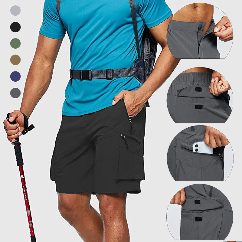 Beige cargo shorts for menn, funksjonelle med glidelåslommer, ideelle for tur.