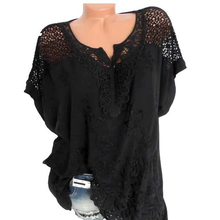 Vintage-inspirert V-hals bluse for kvinner, med blonder og blomsterdetaljer, klassisk kort erme topp.
