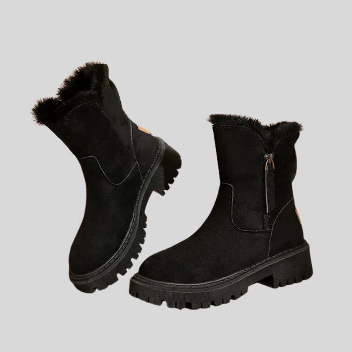 Dame vinterstøvler med komfort og grep for snø. Varme isolerte termiske sko i beige og svart fottøy.