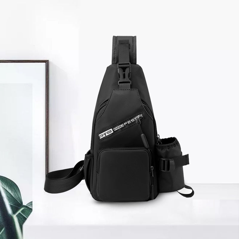 Blå menns vanntett nylon skulderveske med romslig hovedrom, mobilveske og ekstern flaskeholder.