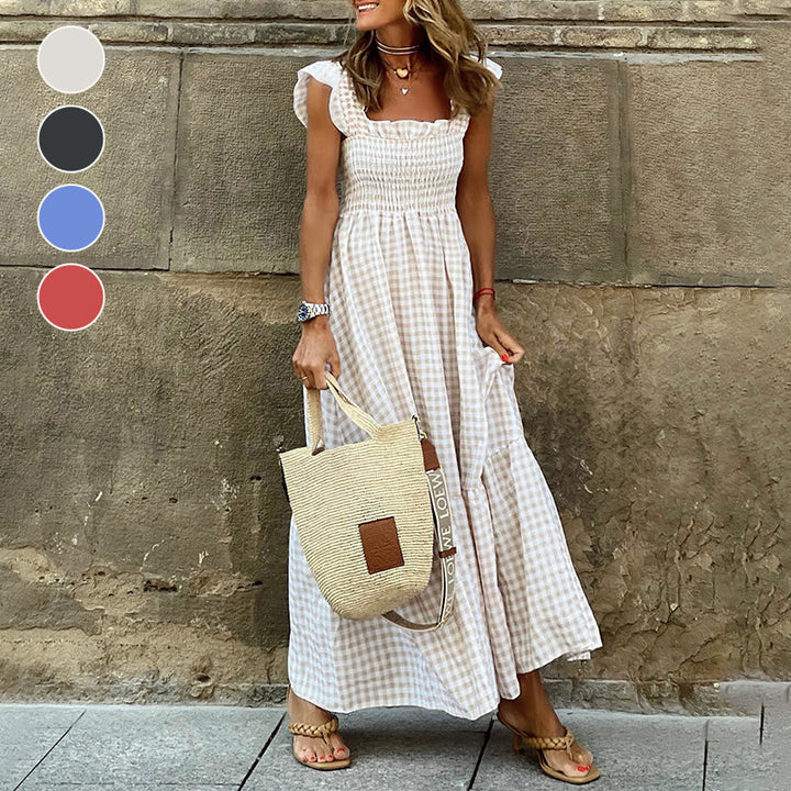 Dame rutete smocked maxi kjole, komfortabel A-linje sommerkjole. Elegant ermeløs for ferie og hverdag.
