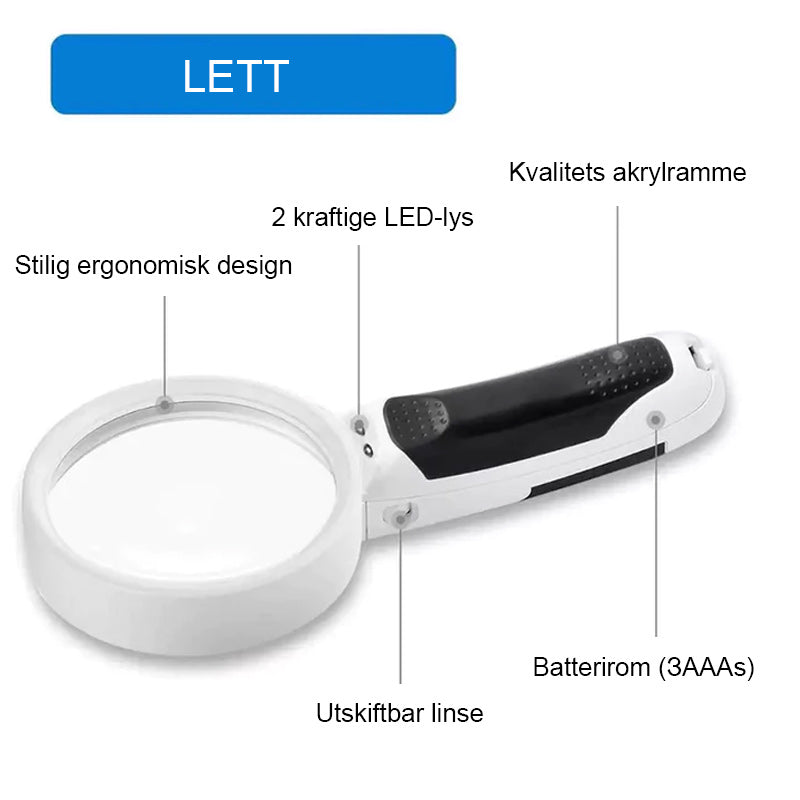 Premium forstørrelsesglass (20x) med LED-belysning for detaljer og synshjelp.