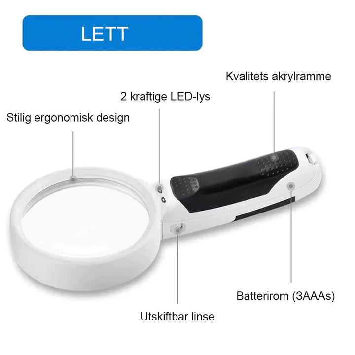 Premium forstørrelsesglass (20x) med LED-belysning for detaljer og synshjelp.