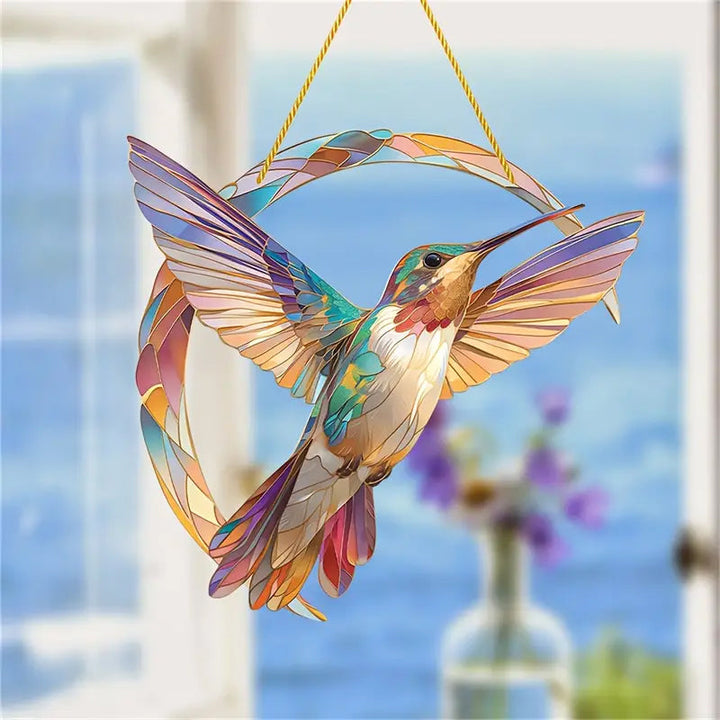 Fargerik kolibri solfanger i akryl, kunstnerisk fuglefigur til vindusdekor.