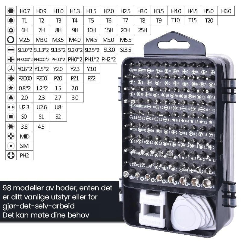Bruker reparerer laptop med det profesjonelle 115-i-1 skrutrekkersettet; et handy verktøy.