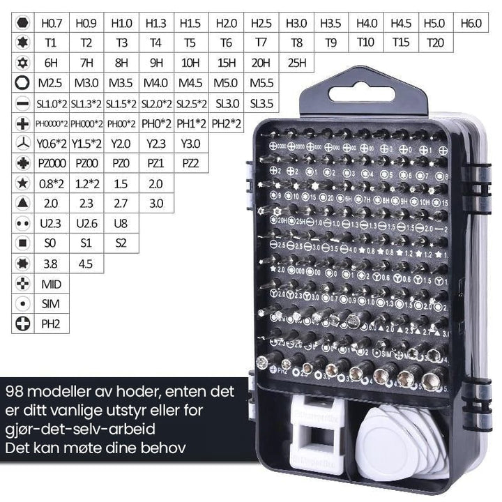 Bruker reparerer laptop med det profesjonelle 115-i-1 skrutrekkersettet; et handy verktøy.