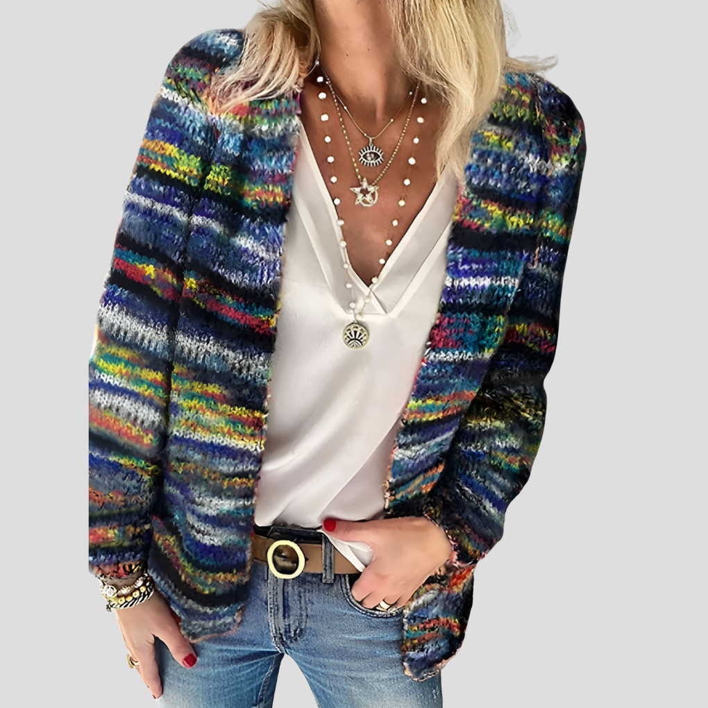 Elegant strikket fargerik cardigan for damer, komfortabel og stilfull vårjakke til dameklær og mote.