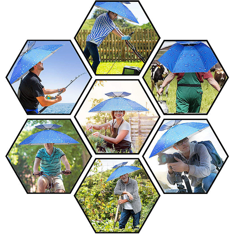 Praktisk paraplyhatt for utendørsaktiviteter. Ideell for camping og vandring, henderfri solbeskyttelse.