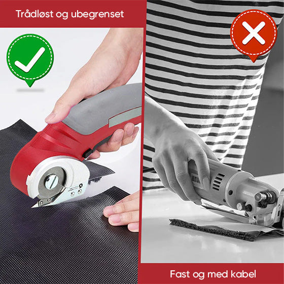 Ergonomisk elektrisk saks, designet for komfortabel og presis kutting av tekstil og stoff. Håndverktøy.