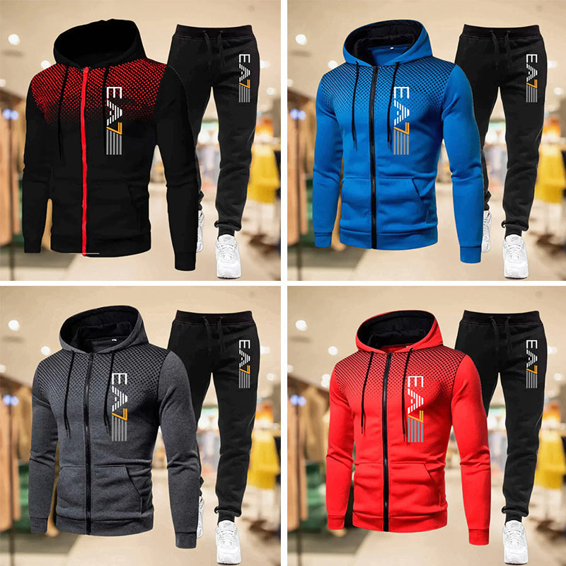 Sporty joggebuksesett for menn i moderne design. Hettegenser med glidelås og joggebukse for casual stil.