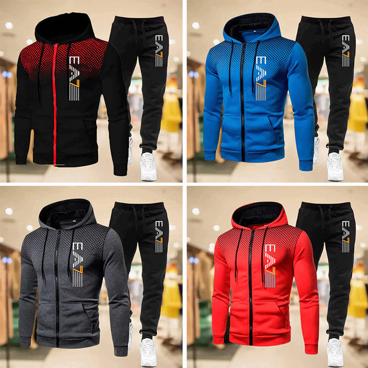 Sporty joggebuksesett for menn i moderne design. Hettegenser med glidelås og joggebukse for casual stil.
