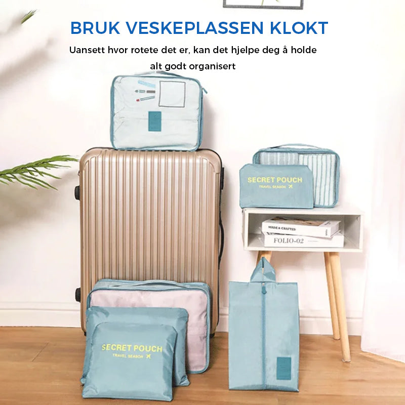 Reisesett for klær, organiserer bagasjen med praktiske poser. Vanntett polyester for enkel sortering.