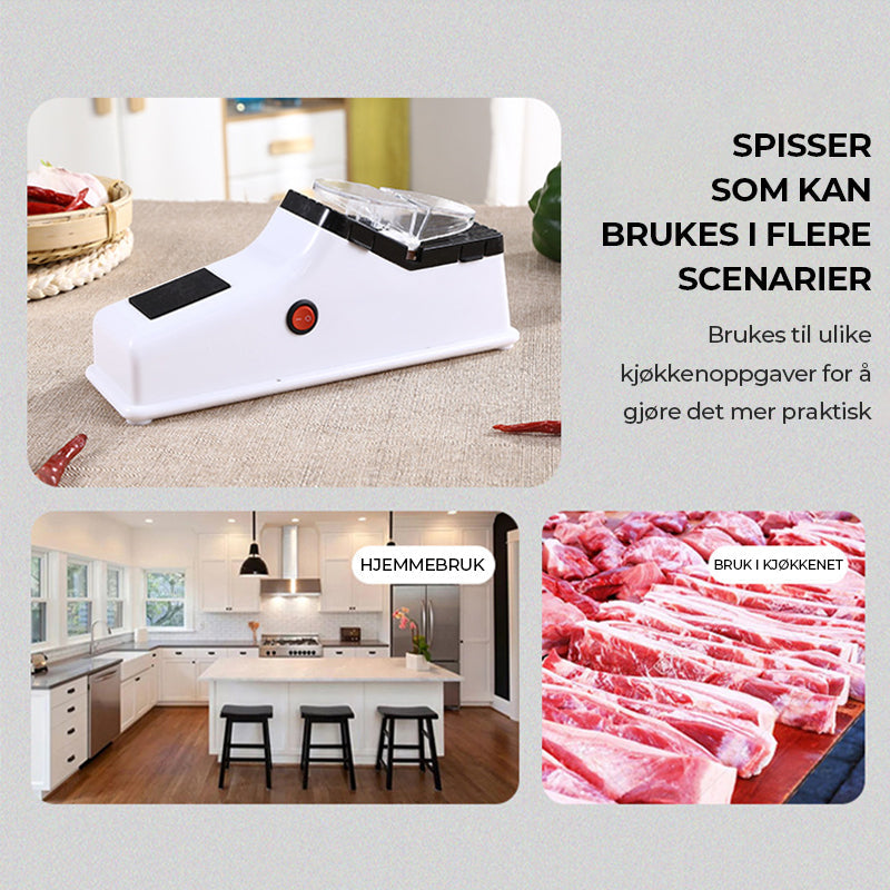 Et stilig kjøkkenredskap, den elektriske knivsliperen, som holder alle dine kniver ekstremt skarpe.