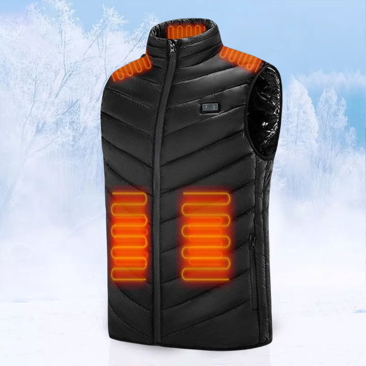 Svart unisex oppvarmet vest, perfekt for vinterklær og friluftsliv. Elektrisk varme.