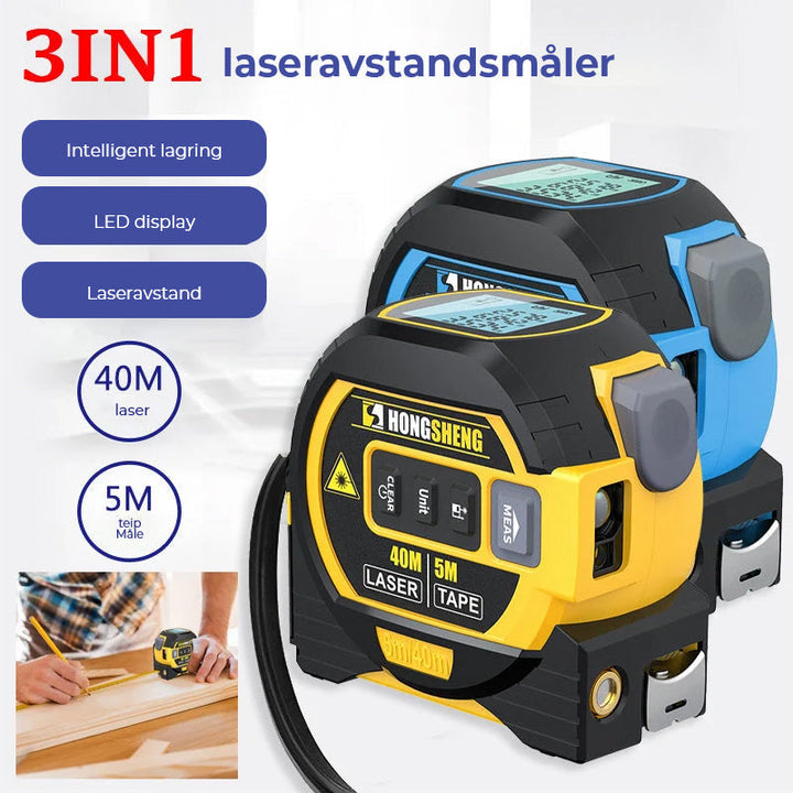 Allsidig 3-i-1 digital laseravstandsmåler med målebånd og krysslaser for DIY og profesjonell bruk.