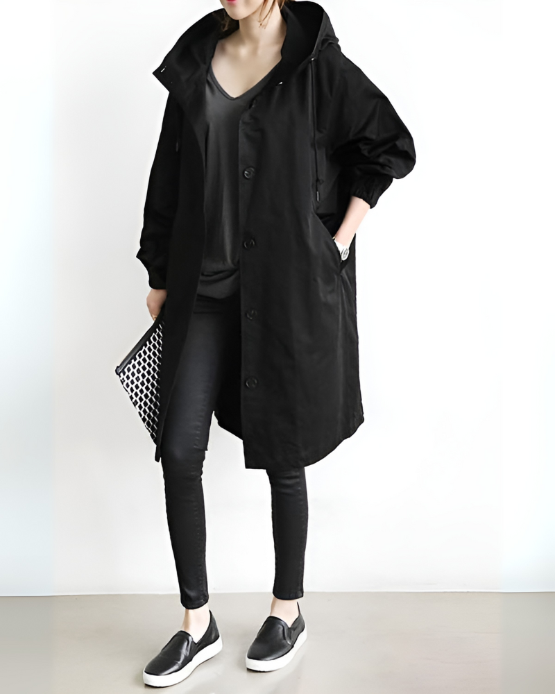 Elegant damekåpe med hette i løs passform, stilig trenchcoat jakke for motebevisste kvinner.