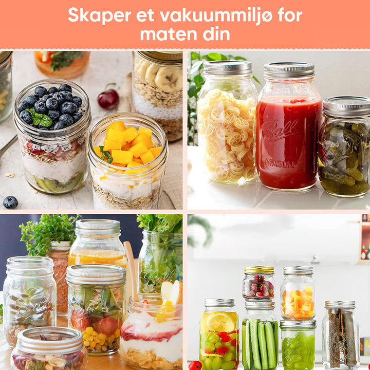 Hold maten fersk lenger med elektrisk vakuumforsegler for Mason Jars. Optimal for friskhet og svinnreduksjon.