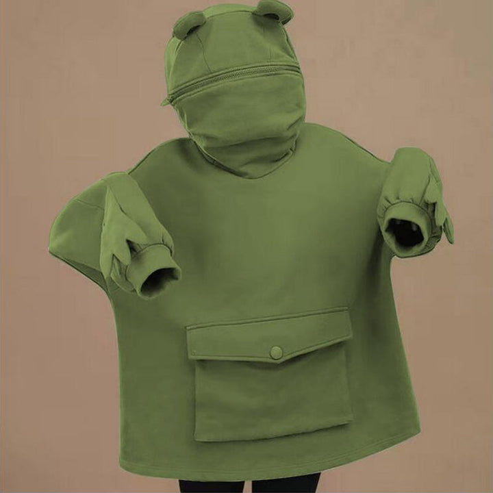 Grønn unisex hettegenser med froskedetaljer, perfekt for en morsom og komfortabel stil.