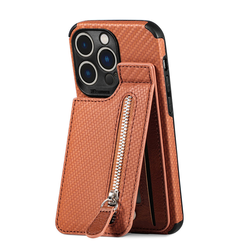 Elegant svart iPhone-lommebokdeksel med trygg glidelåslomme og flere kortlommer.
