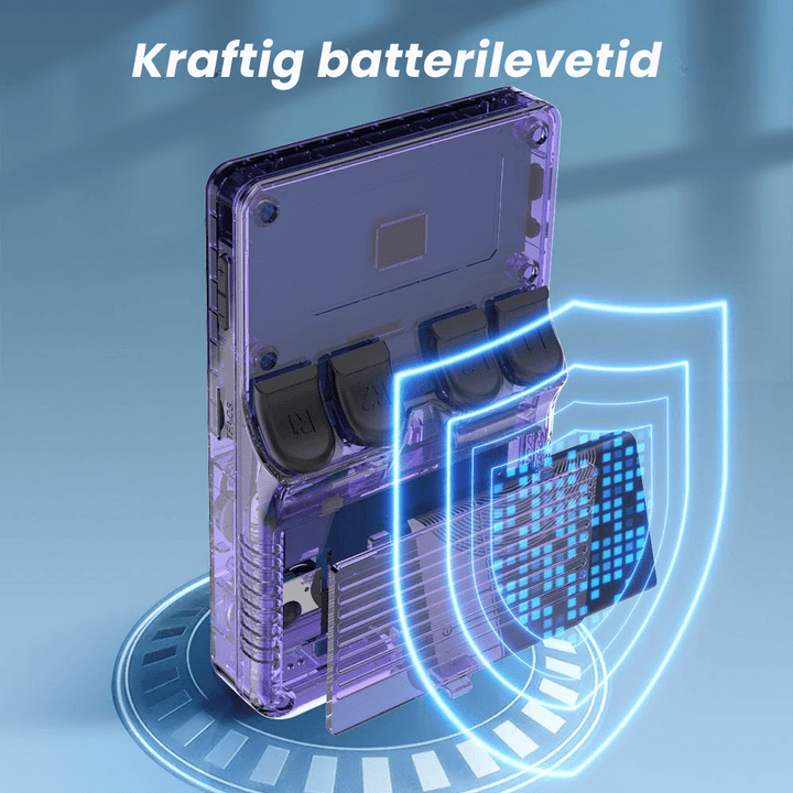 Svart RetroPlay Pro håndholdt konsoll med lys skjerm, symboliserer bærbar retro underholdning.