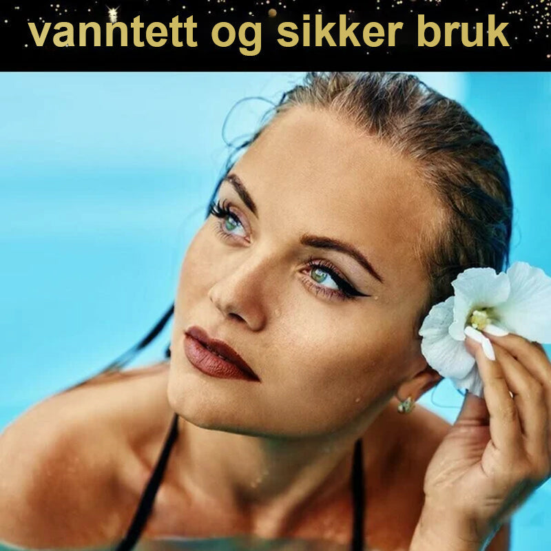 Kvinne med perfekt kattøye makeup fra gjenbrukbart eyeliner & vippeklistremerke. Enkel skjønnhet.