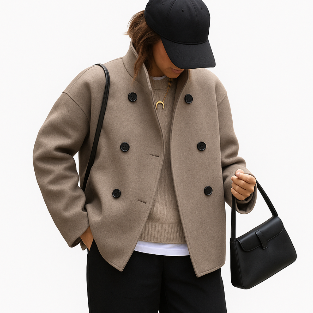 Taupe kort kvinnejakke i klassisk design for hverdag. Elegant overgangsjakke, perfekt vår og høst.