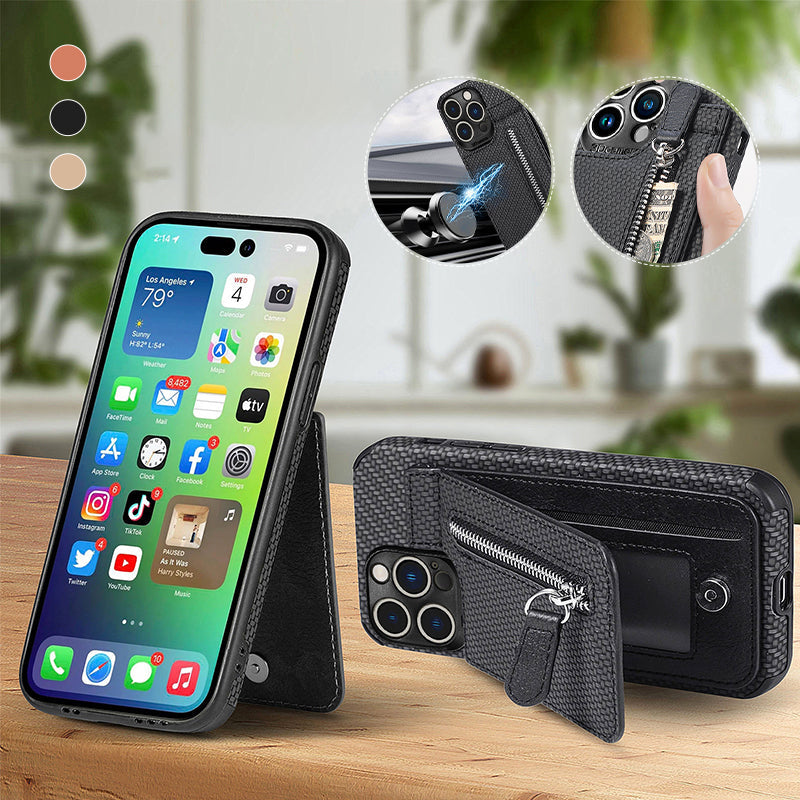 Slitesterkt iPhone-deksel i brun skinnlook med avtagbar magnetisk bakside for fleksibilitet.