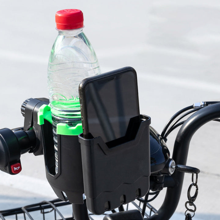Robust sykkelkoppholder med integrert telefonholder. Drikke- og mobilholder for tursykkel eller bysykkel.
